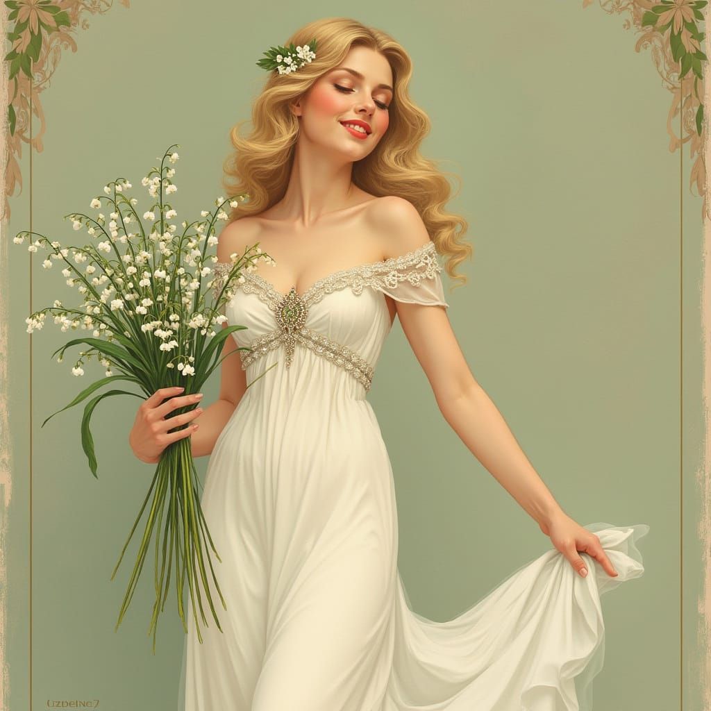 Elegant Woman in Art Nouveau Style, Holding Lily of the Vall...
