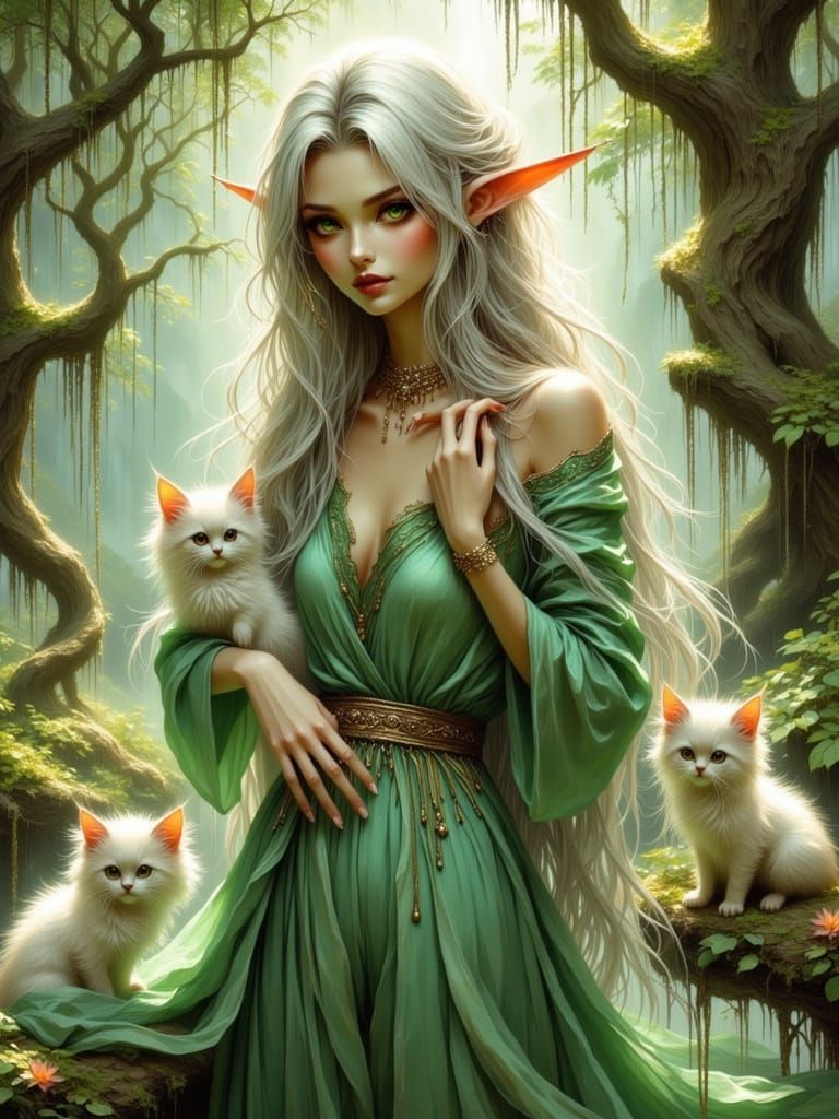 Beautiful Elf Girl With Kittens in Enchanted Forest