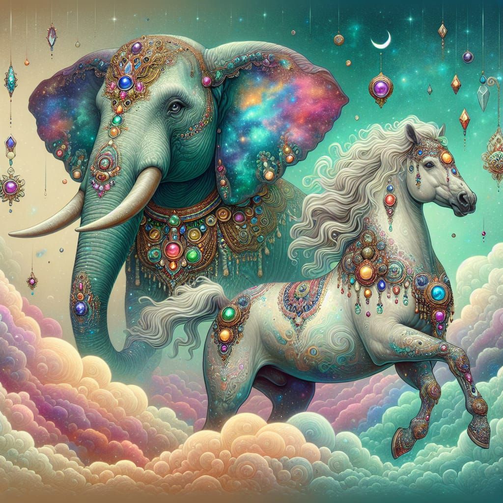 Celestial Elephant and Horse in Psychedelic Fantasy Art