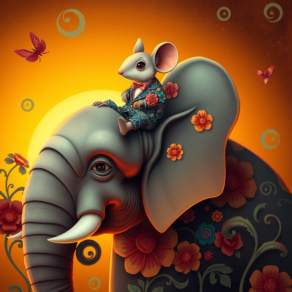 Whimsical Mouse Sits atop Elegant Elephant in Vibrant Art No...