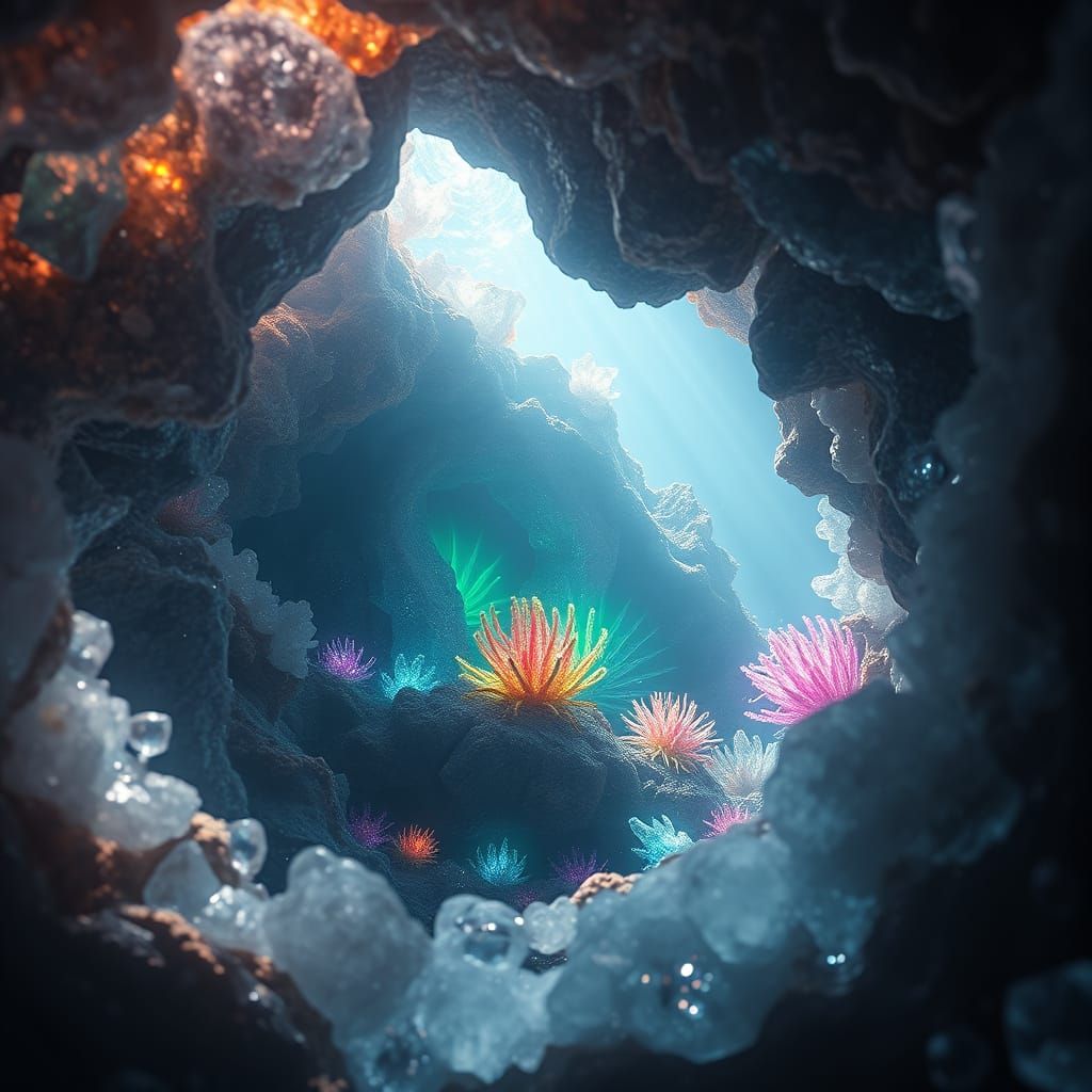 Underwater Geode With Crystal Formations and Bioluminescent ...