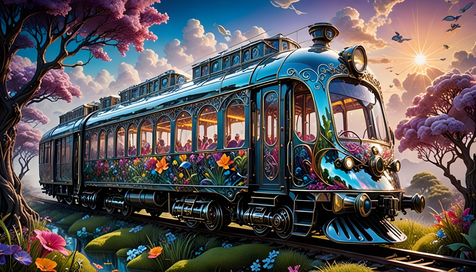 Ethereal Glass Train Soars Through Dreamy Realms