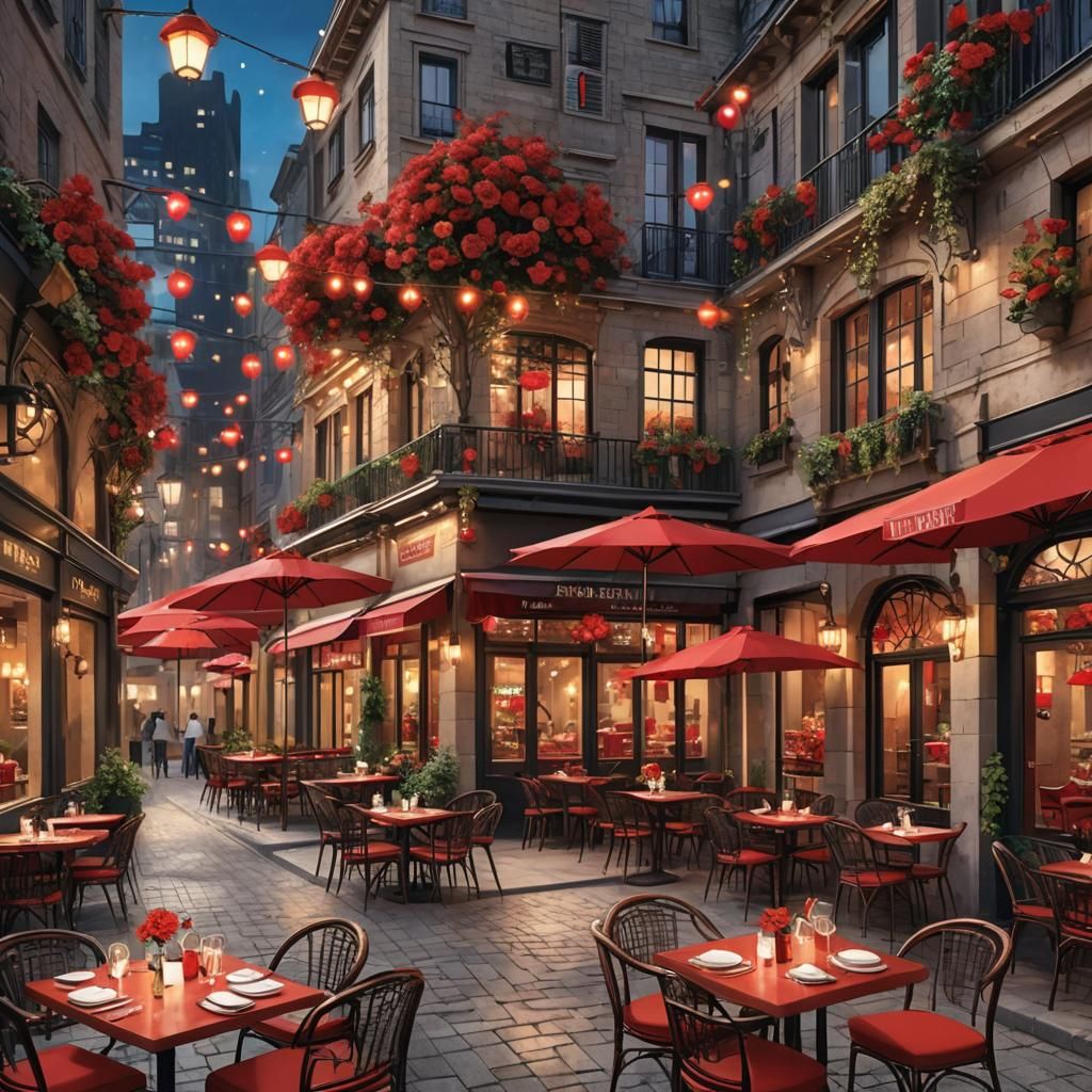 Romantic Cafe in City Center as 3D Anime Art