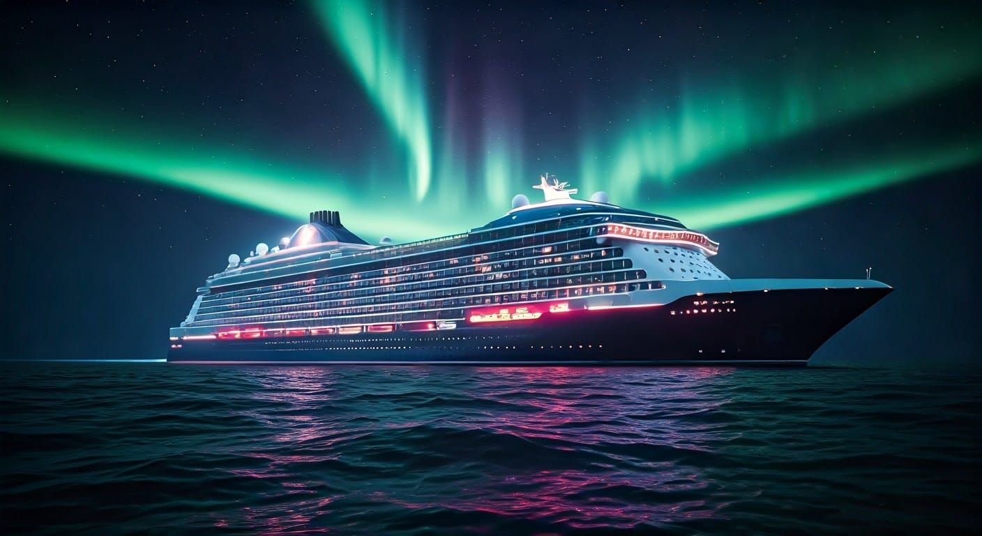 Cyberpunk Cruise Ship Under Aurora Borealis
