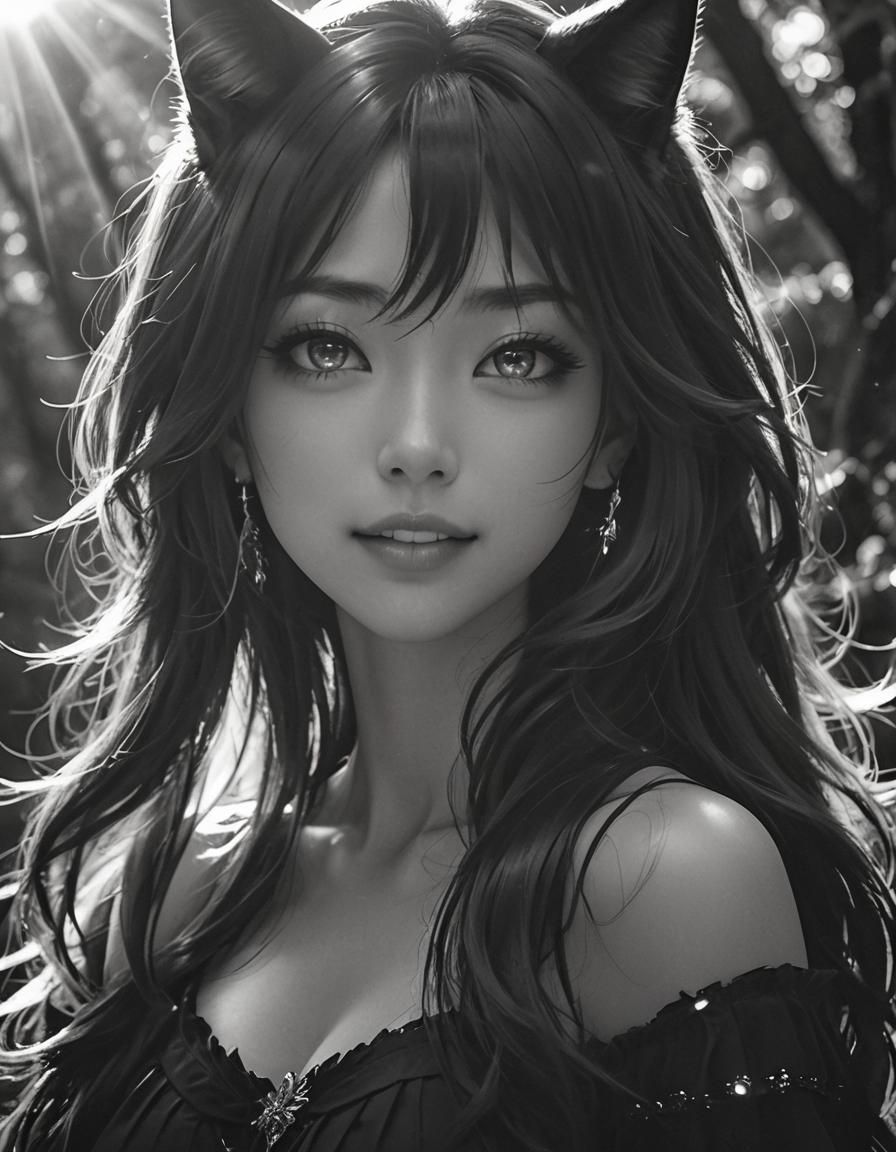 Monochrome Catgirl Portrait in Dark Academia Style