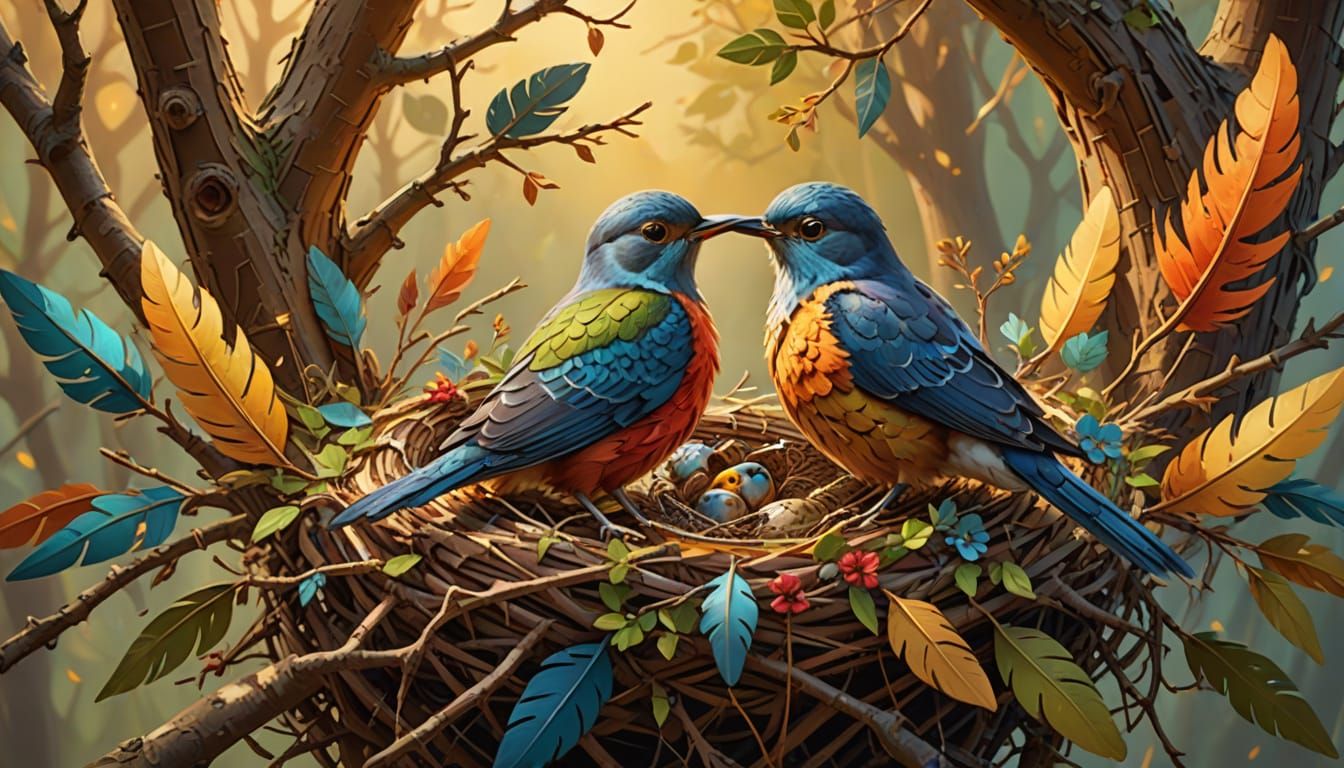 Cuckoo Adopts Patchwork Bird: Whimsical Oil Painting