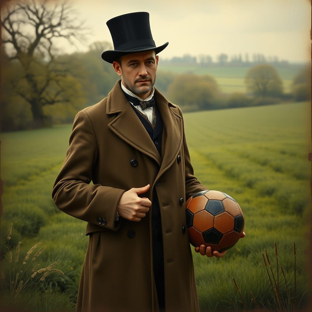 Victorian Gentleman in English Countryside with Soccer Ball