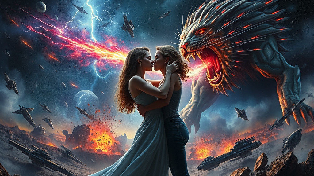 Intergalactic Kiss Amidst Battle in Futuristic Style