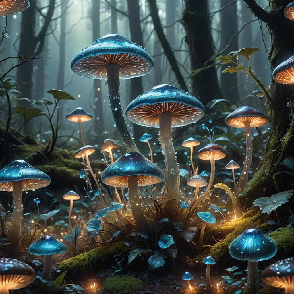 Bioluminescent Crystal Mushroom in Misty Forest
