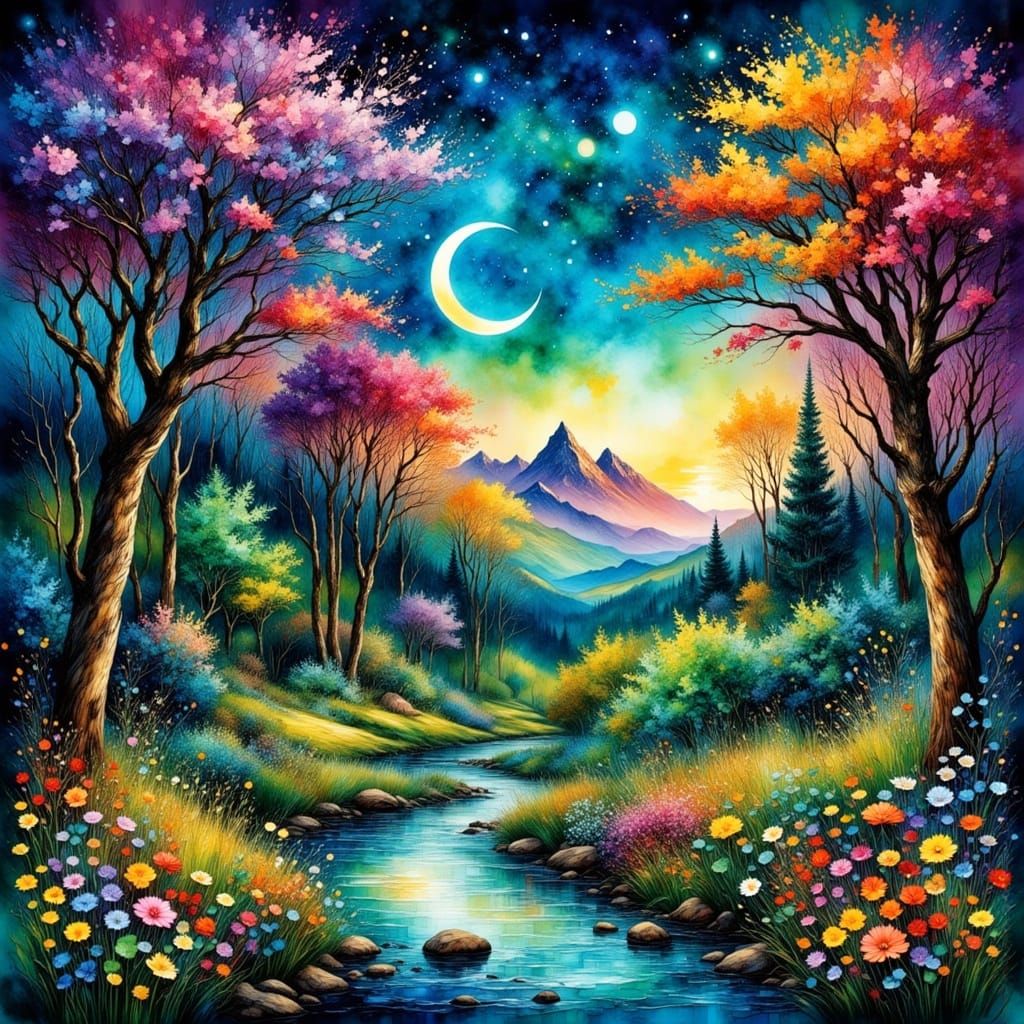 Magical Spring Garden Under Moonlight