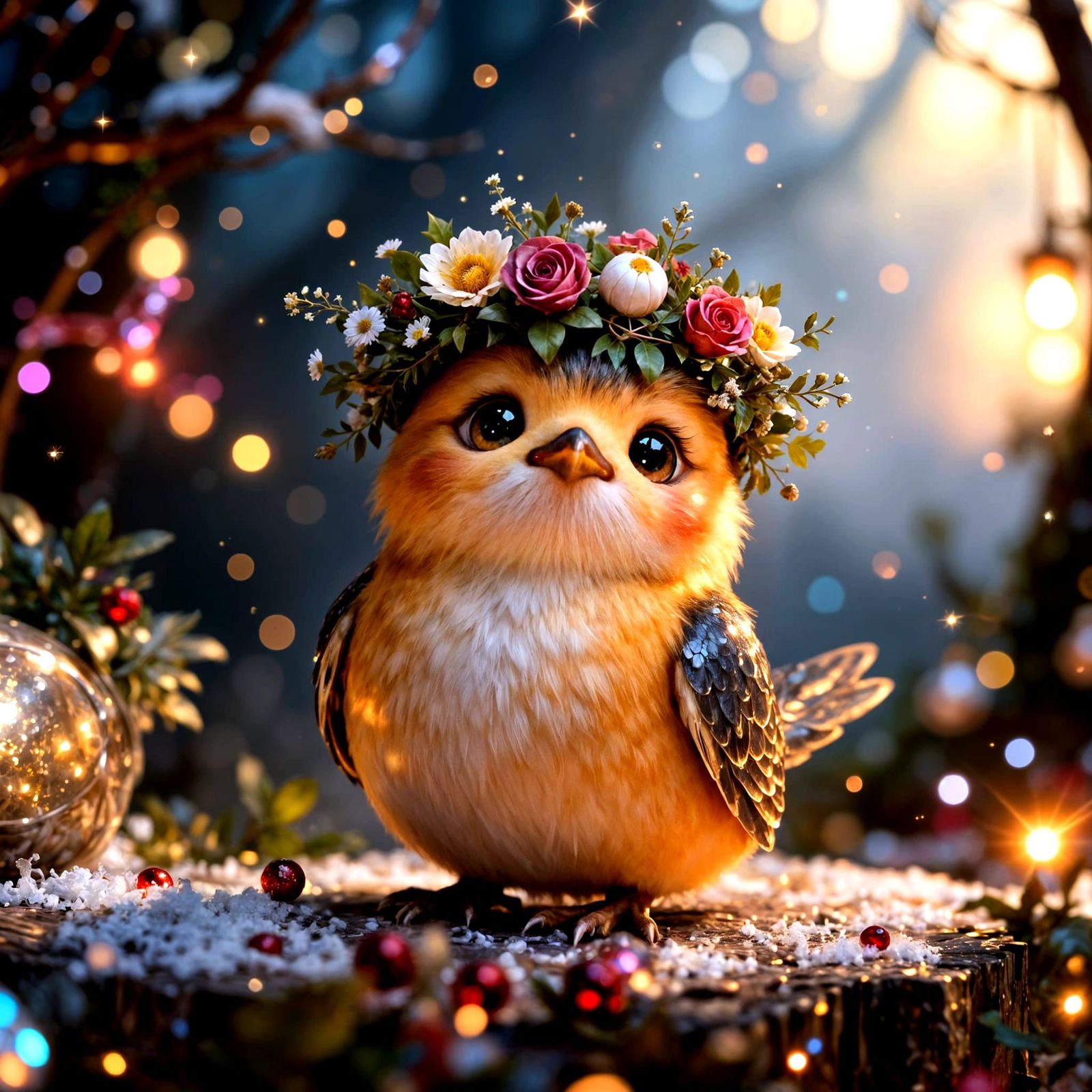 Magical Christmas Bird with Snow and Flowers