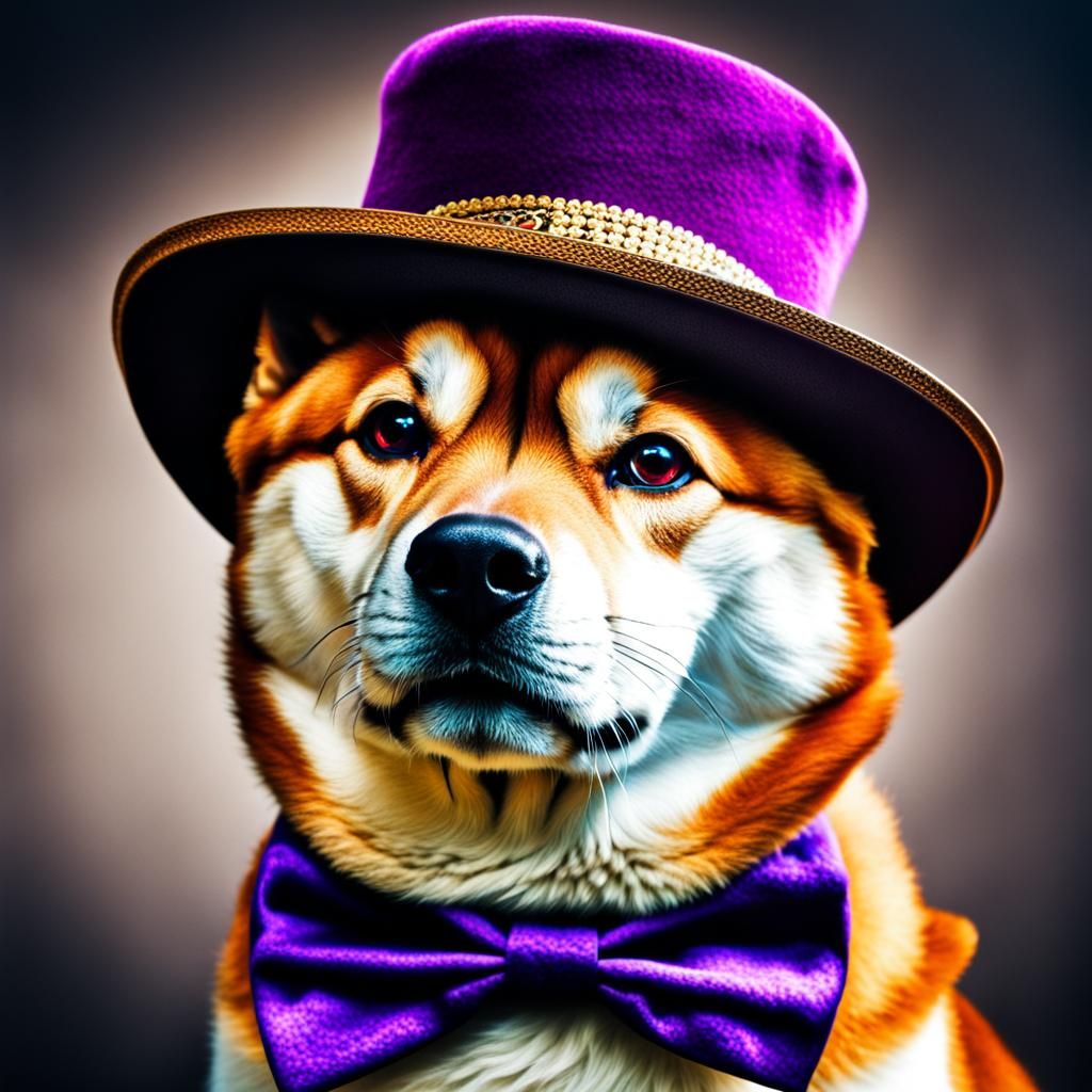 Shiba Inu in Wonka Hat, Hyperrealistic HDR Portrait