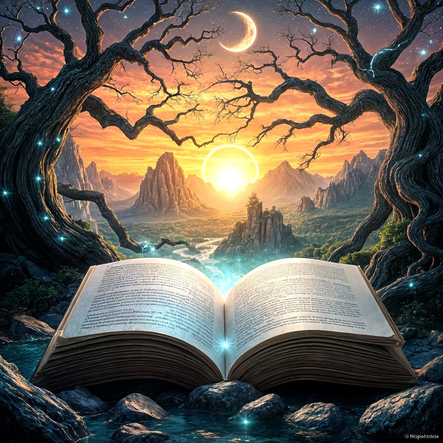 Enchanted Book with Waterfall and Landscape