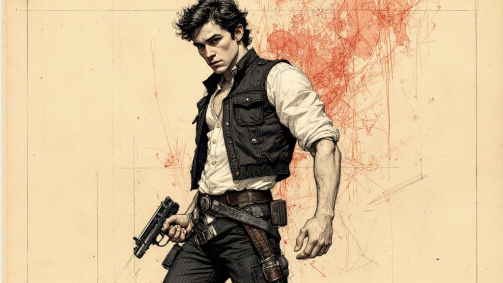 Han Solo Ink Wash Sketch with Explosive Color Splatters