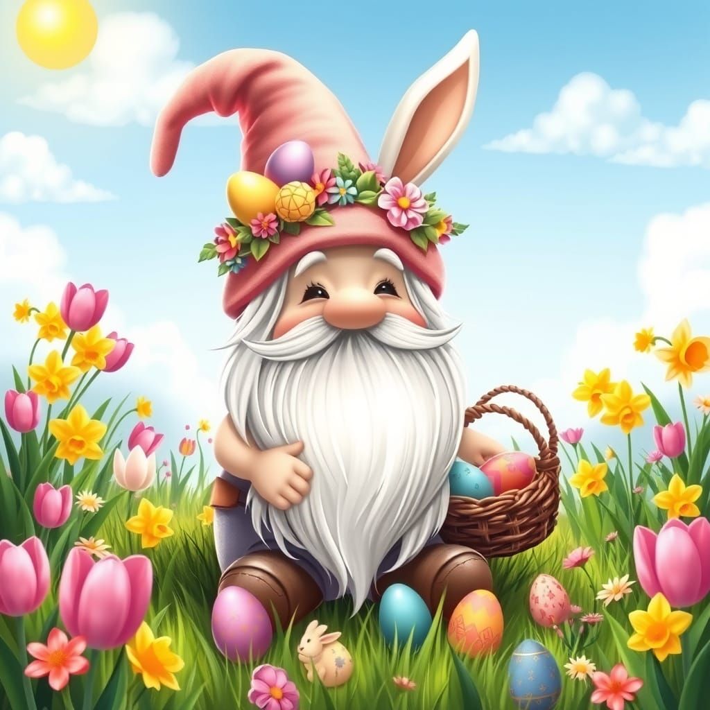 Easter Gnome in Whimsical Spring Meadow Art