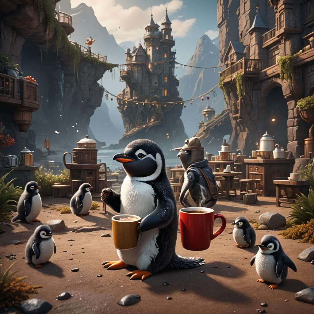 Baby Penguin's Coffee Break: Detailed Matte Painting