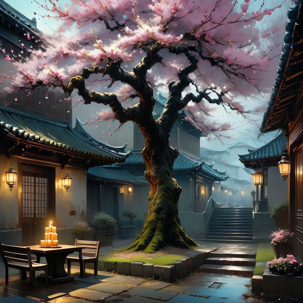 Cherry Blossom Tree Matte Painting in Courtyard