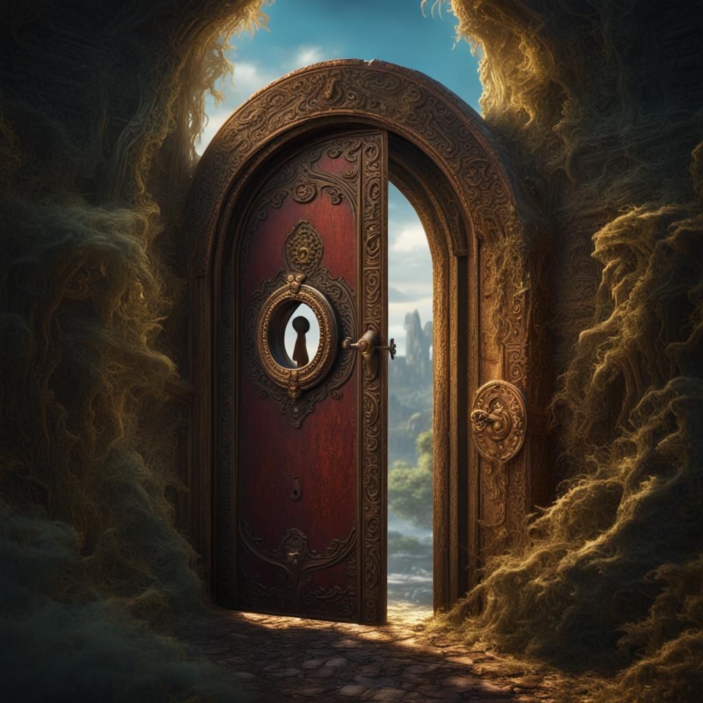 Someone looking through a keyhole in an ancient door.