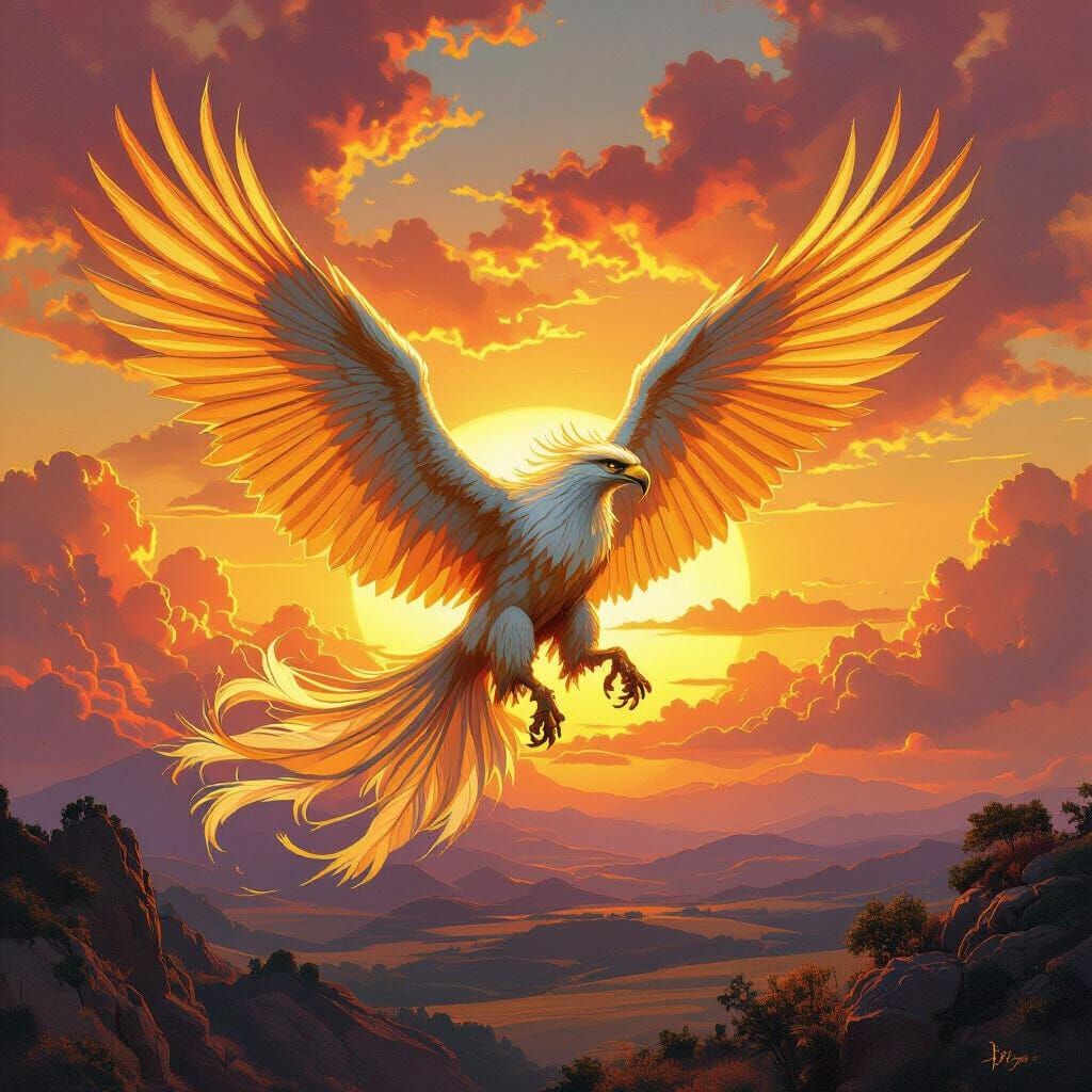 Griffin Soaring at Sunset in Fantasy Art Style