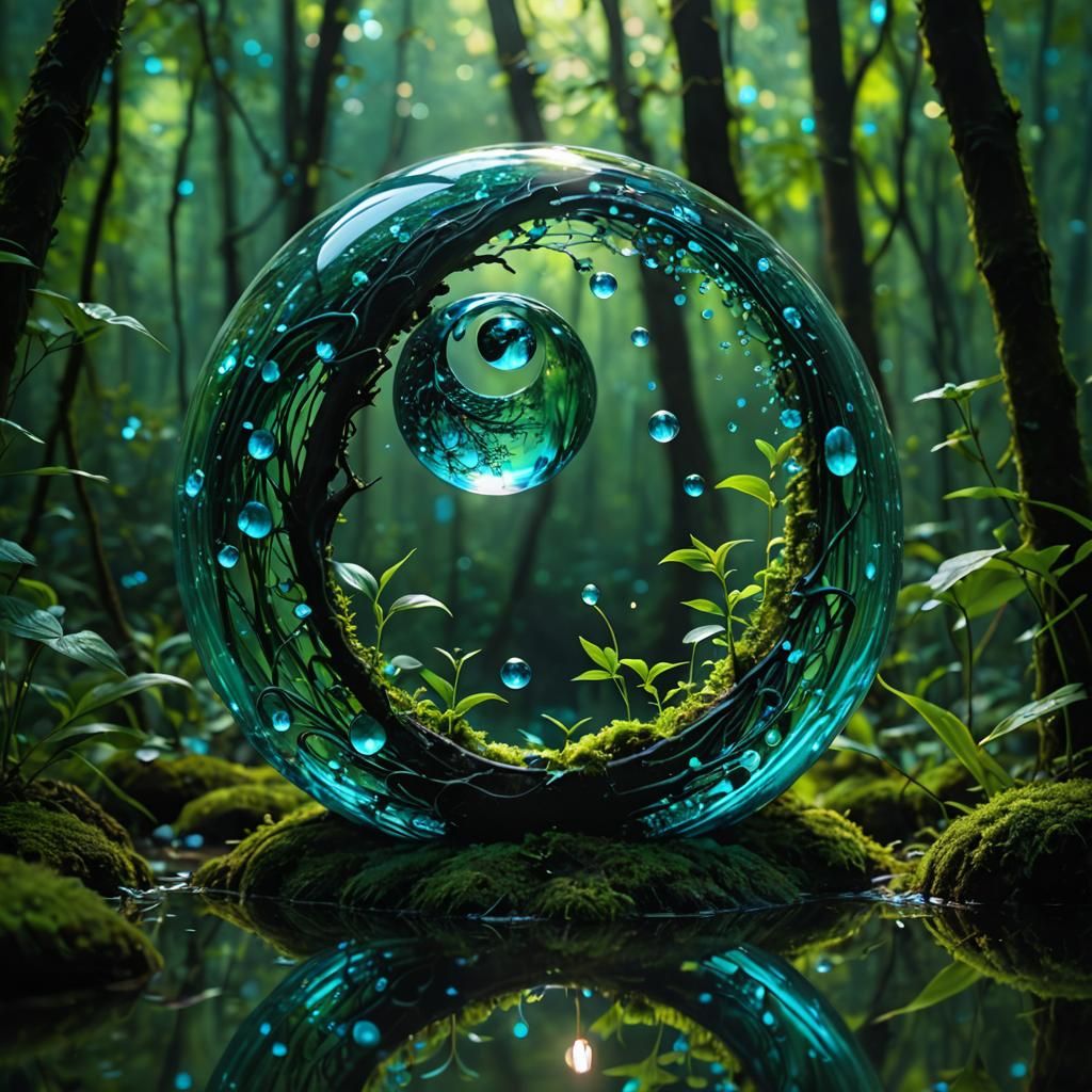 Surreal Glass Ying-Yang in Forest with Fireflies