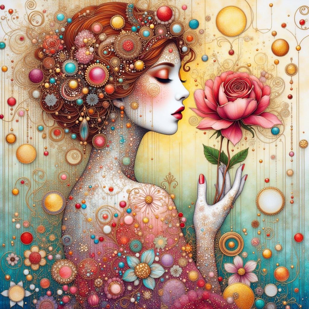 Belle with Rose: Intricate Pen and Ink Drawing