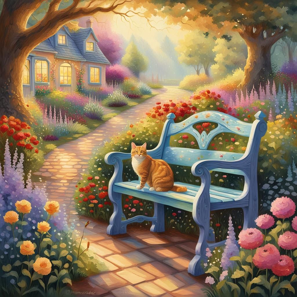 Cat in Colourful Garden: Watercolour Fantasy