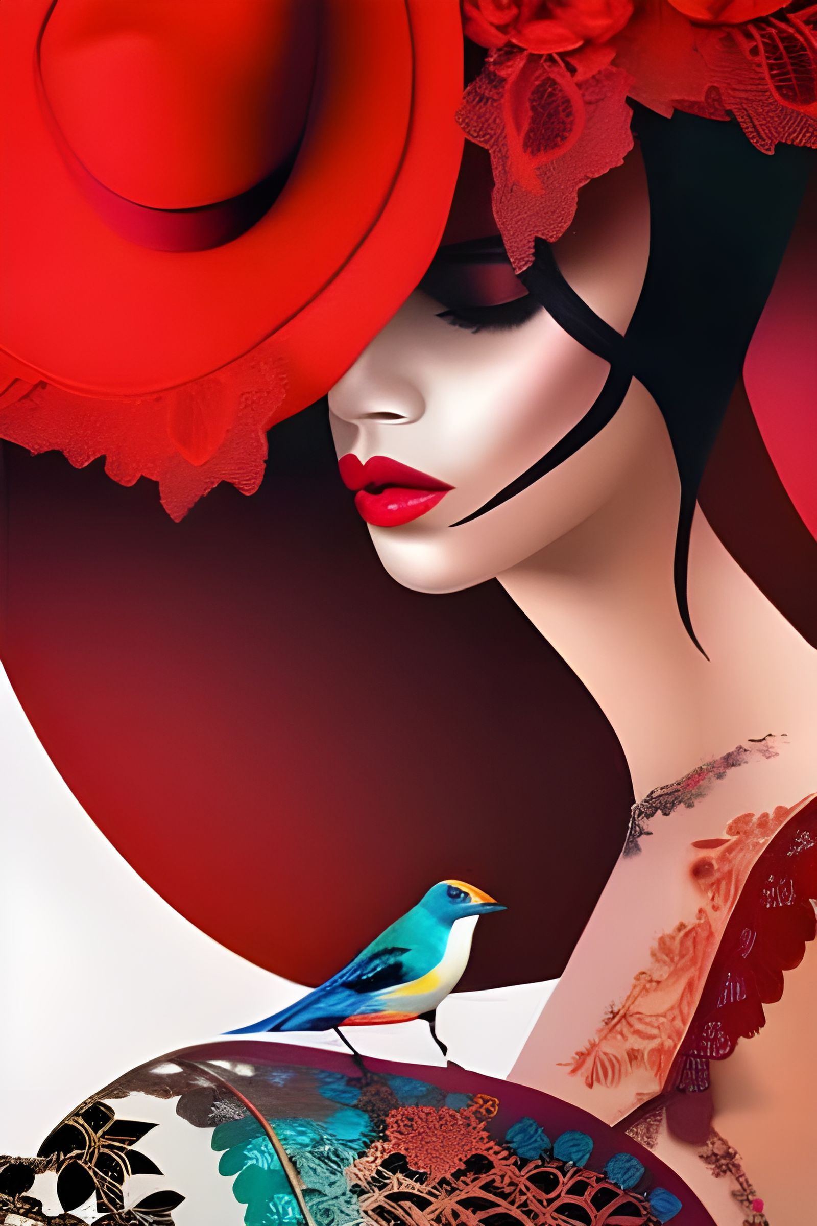 Lady with Bird: A Digital Pop Art Deco Painting
