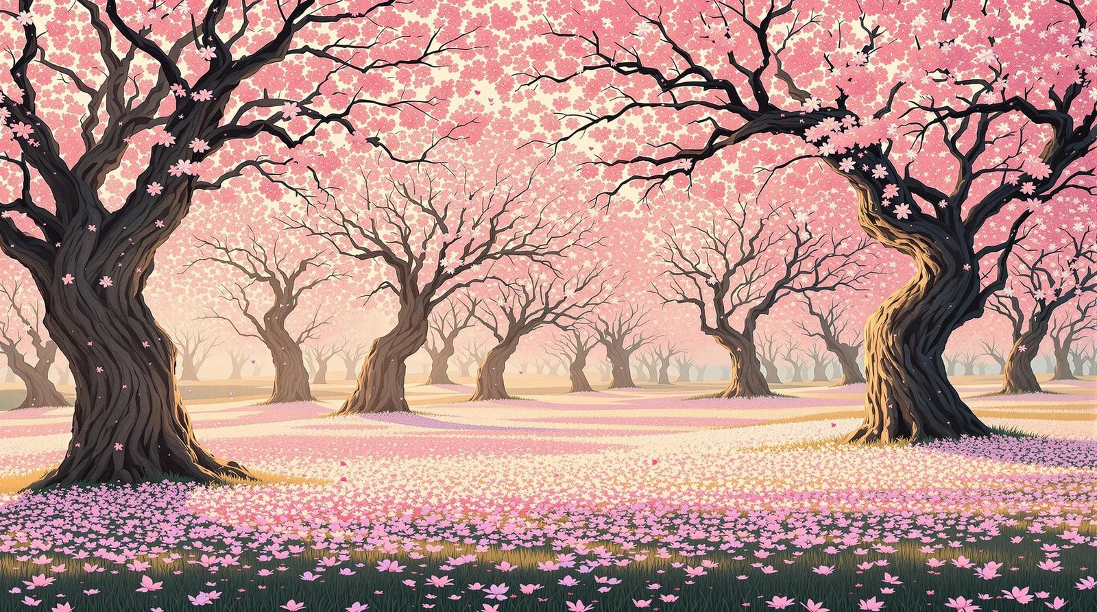 Surreal Cherry Blossom Scene in Whimsical Japanese Aesthetic
