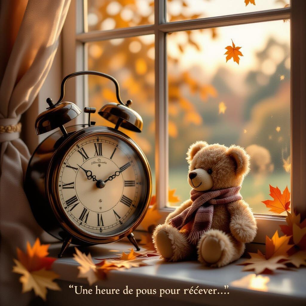 Antique Clock by Golden Morning Light, Autumn Leaves Swirlin...