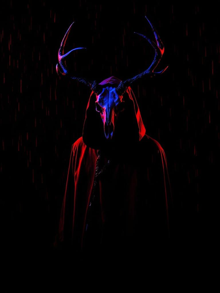 Sinister Deer Skull Figure in Glitchcore Horror Style