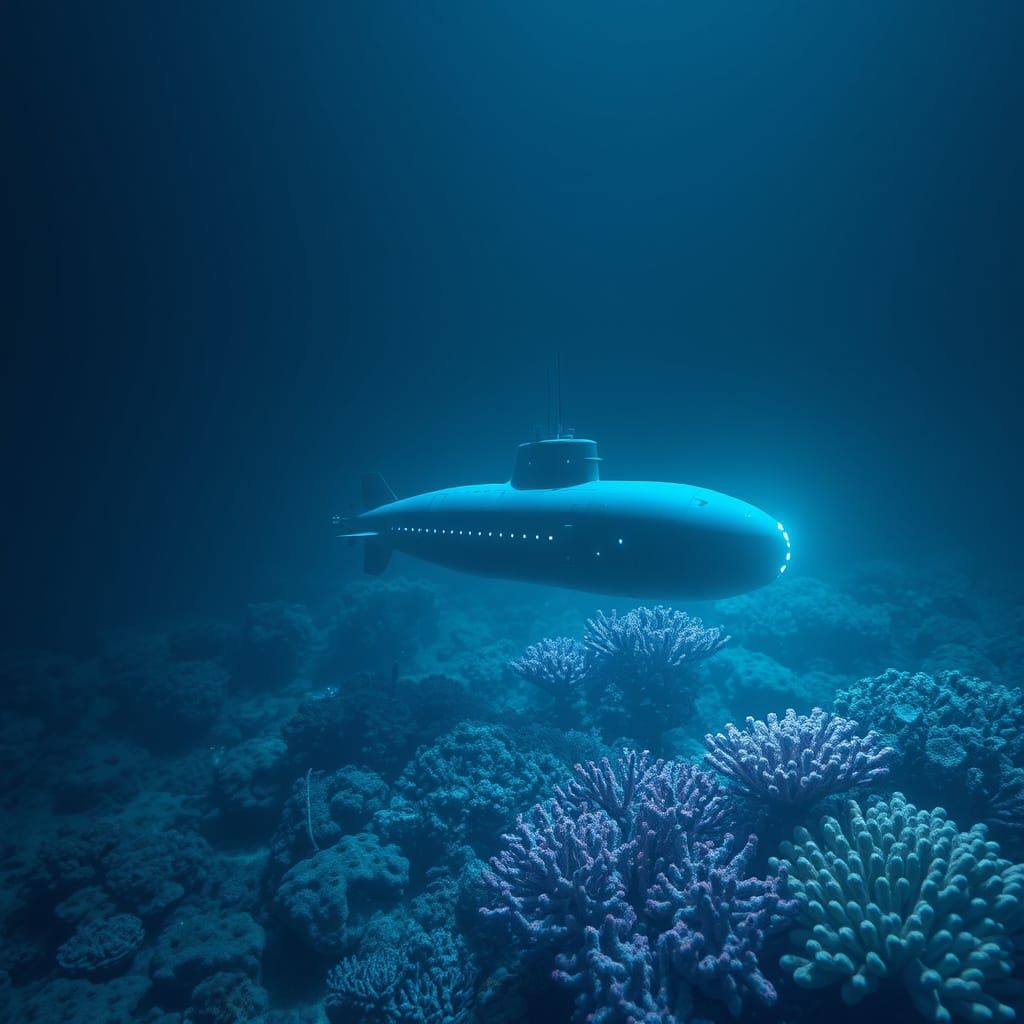 Submarine Gliding Through Alien Bioluminescent Ocean