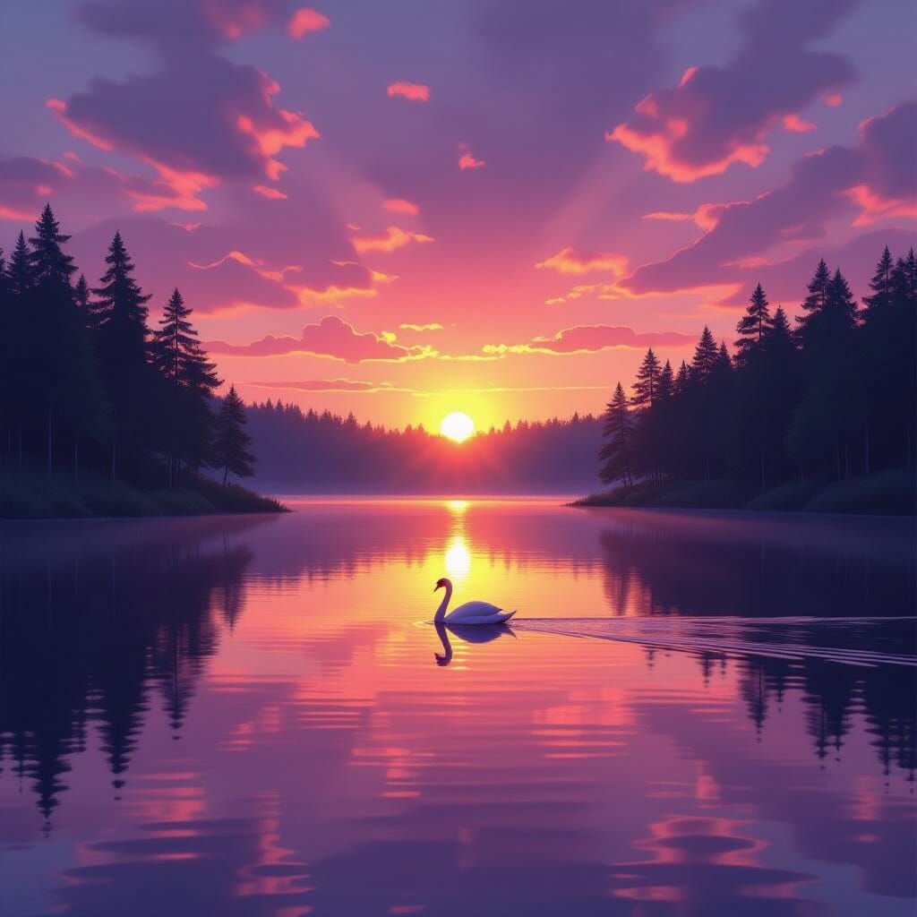 Serene Sunrise Over Forest Lake with Swan Silhouette