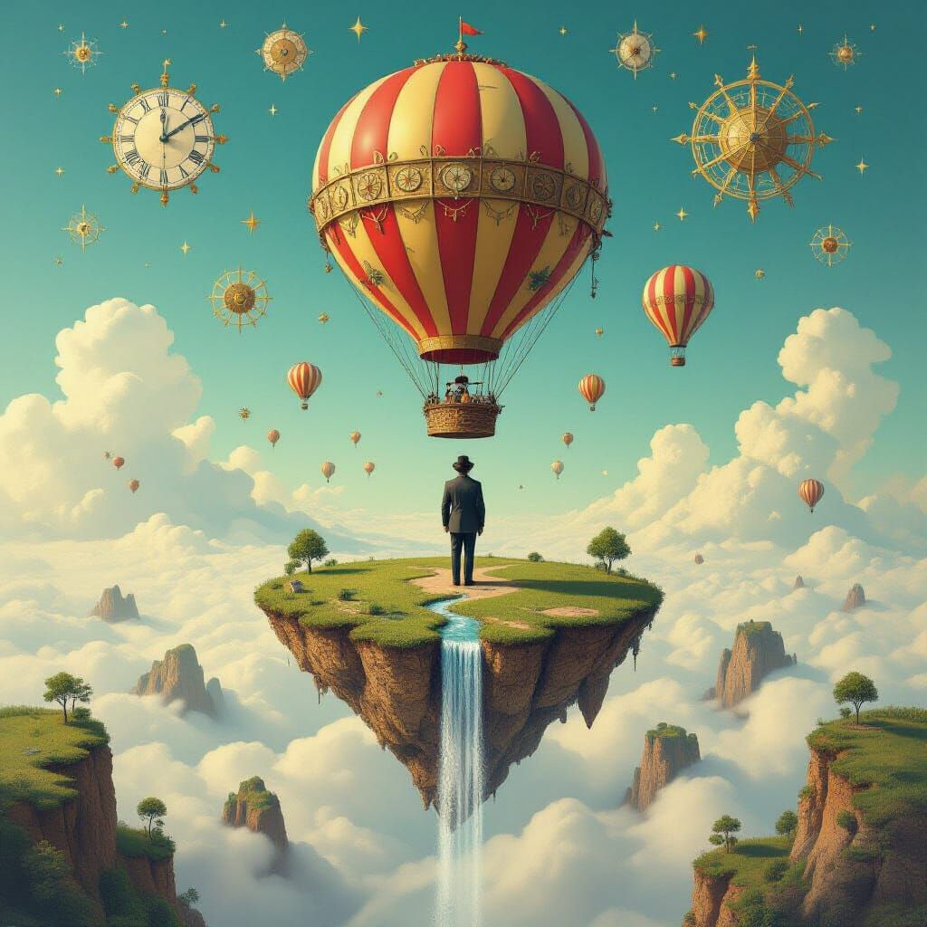 Surreal Inverted Gravity Dreamscape with Balloon Hat