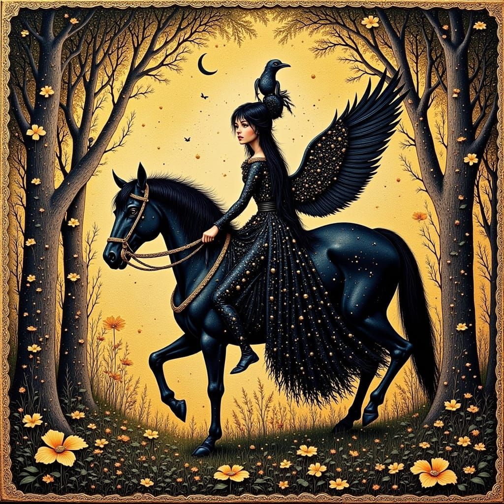 Morrigan of Ireland Riding with Raven in Ancient Forest Tape...
