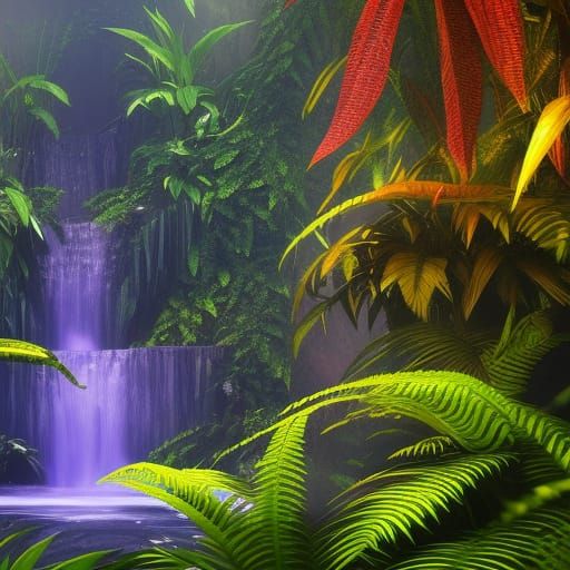 Solarpunk Jungle Waterfall in Detailed Matte Painting