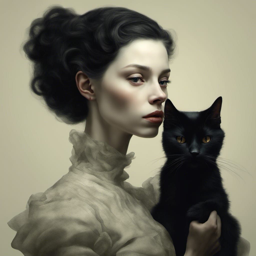 Woman with her black cat