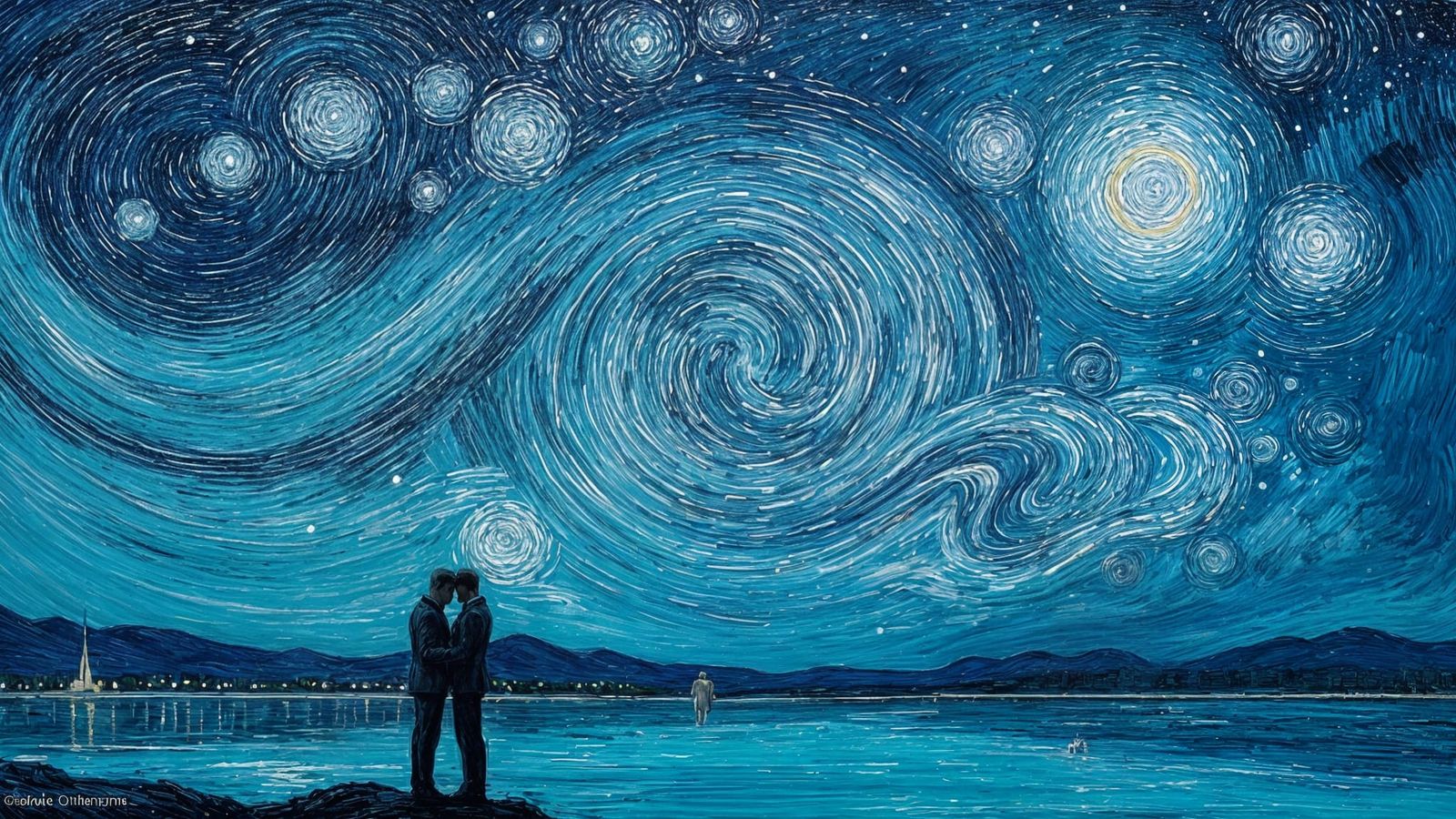 Ethereal Nighttime Scene with Two Men at the Riverbank