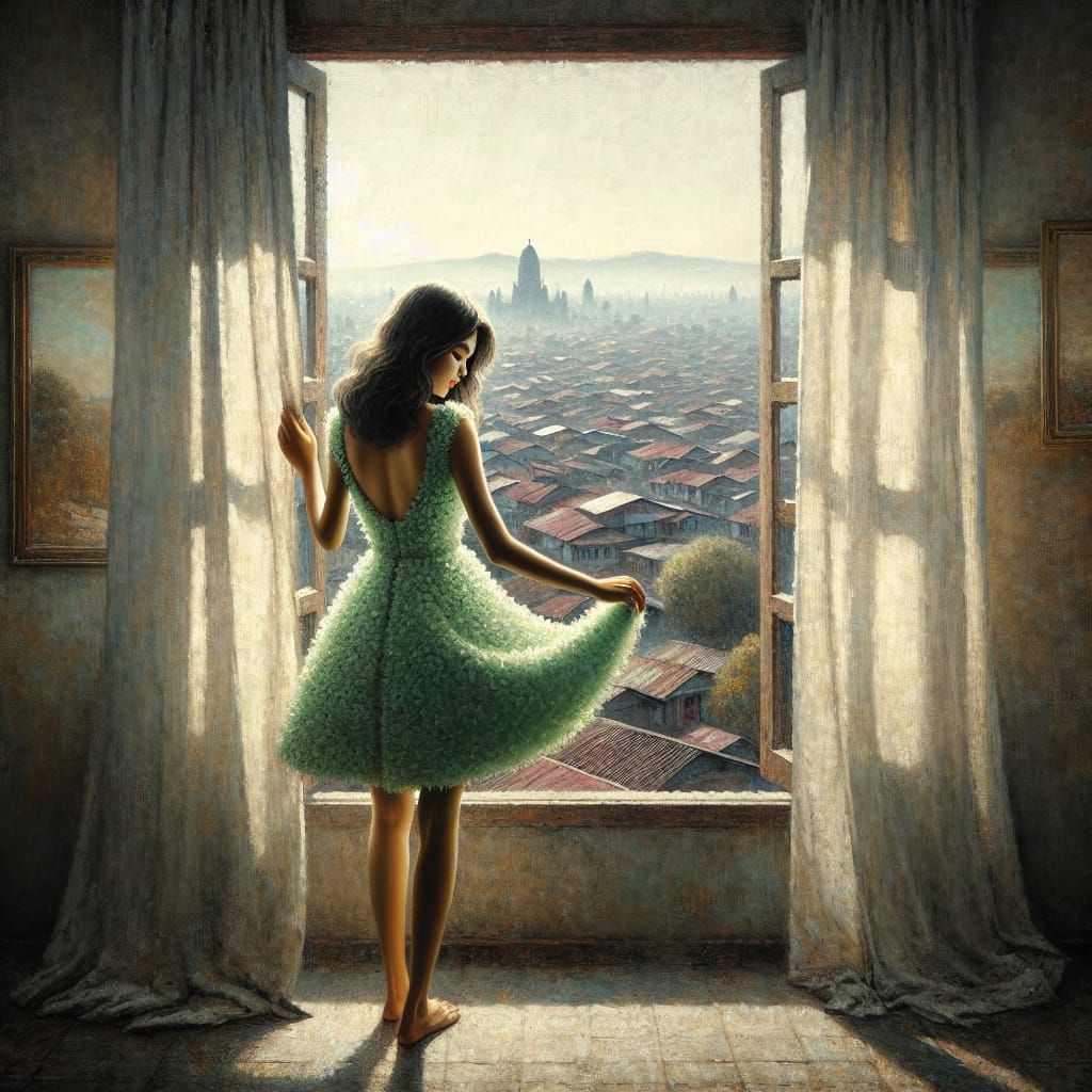 South Asian Girl Opens Window: Romantic Oil Painting