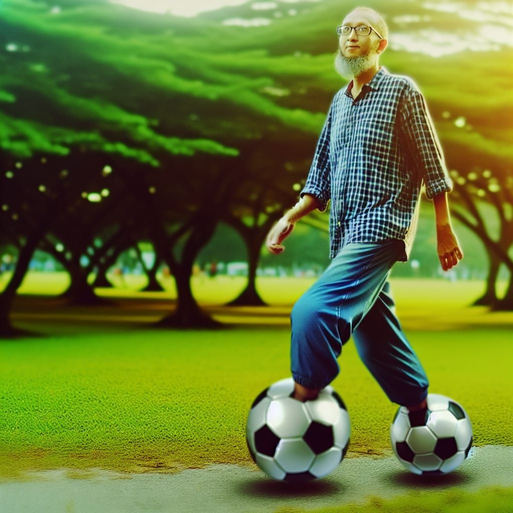 Man with Soccer Ball Feet in Park: Photorealistic Image