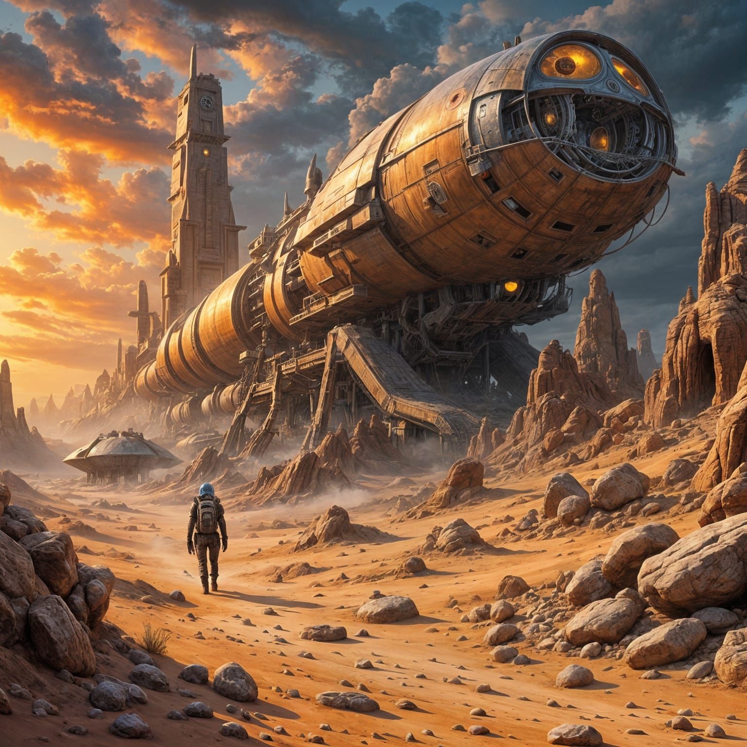 Desolate Alien Desert with Robotic Scavenger