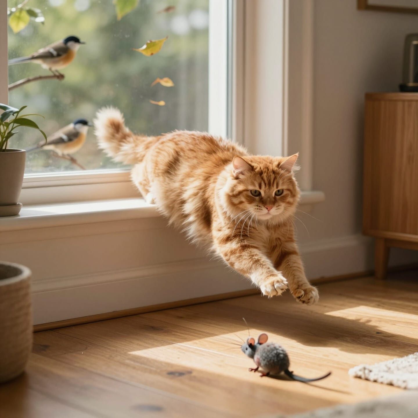 Cozy Sunlit Living Room with Orange Cat