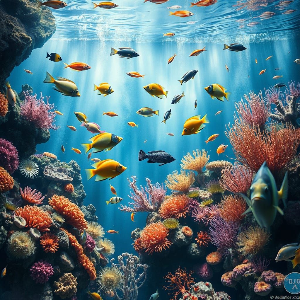 Vibrant Aquarium Scene in Impressive Ink Wash Style