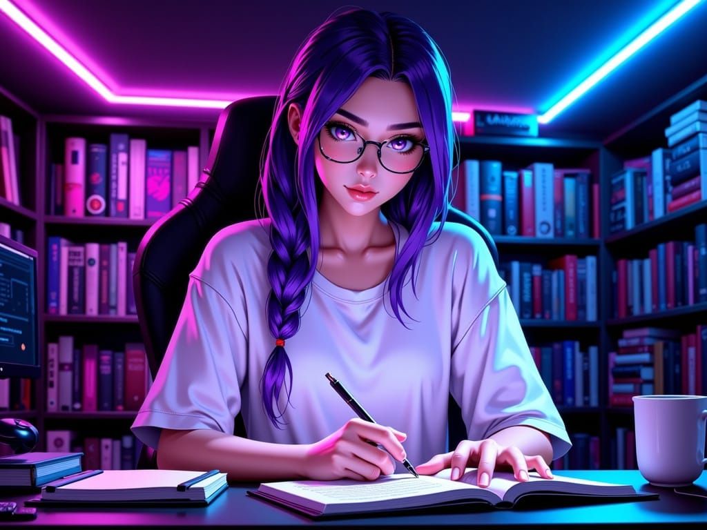 Anime Girl Working at Desk with Bookshelves