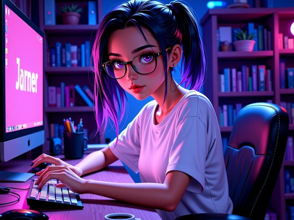 Anime Style: Young Woman at Desk with Computer