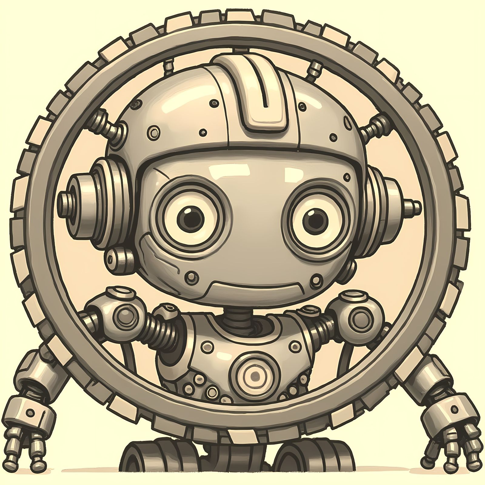 Cute Futuristic Robot with Circular Saw in Cartoon Style