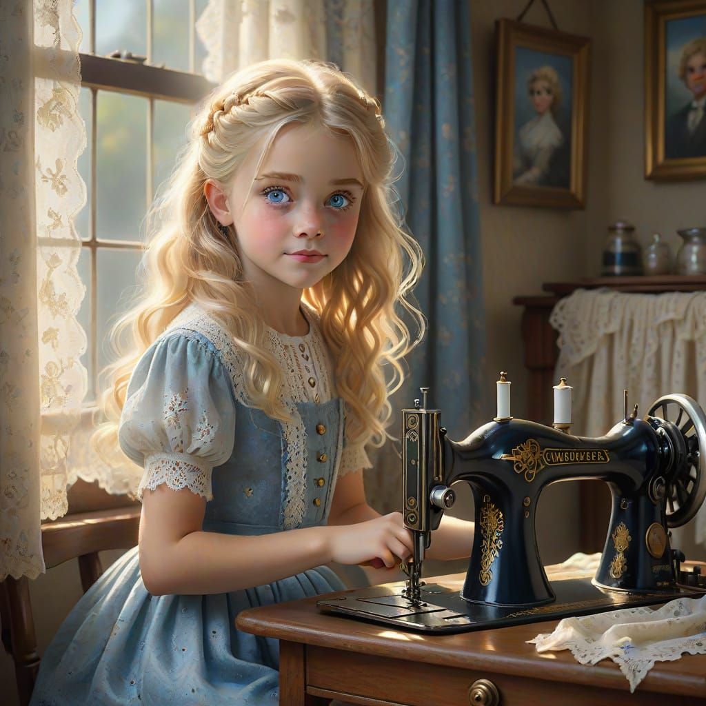 Whimsical Girl Contemplates Antique Sewing Machine