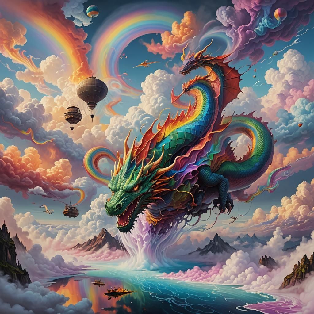 Fluid Dragon Chasing Airship Above Surreal Lake