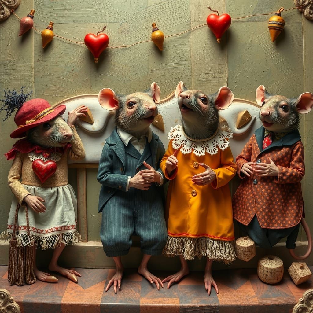 Whimsical Rats Square Dancing: A 3D Folk Art Masterpiece
