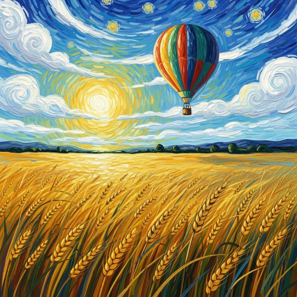 Hot Air Balloon Over Wheat Field in Van Gogh Style
