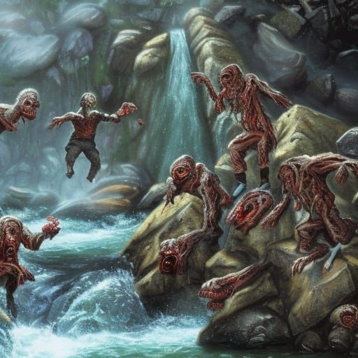 Zombies Hunt Salmon at Mountain River Waterfall